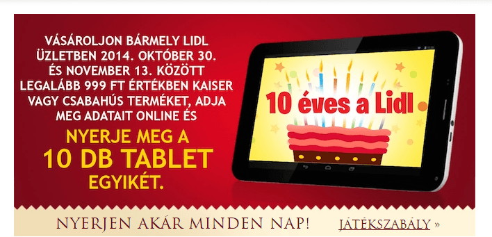 „Kaiser Tablet– Lidl 10. Születésnap” nyereményjáték